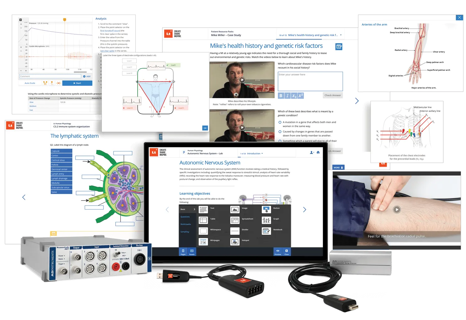 An image of a laptop showing Lt and various floating screenshots of the content in Lt. A PowerLab device sits to the left of the laptop screen, and two Lt Sensors sit in front of and to the right of the laptop screen.