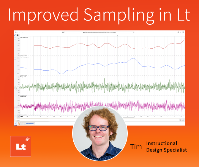 A screenshot of example data in Lt overlaid on an orange background. The title says, "Improved Sampling in Lt" and the Lt logo sits in the bottom left corner. A photograph of a man smiling at the camera sits below of the screenshot. Beside the circular photo, there is the text, "Tim Instructional Design Specialist".
